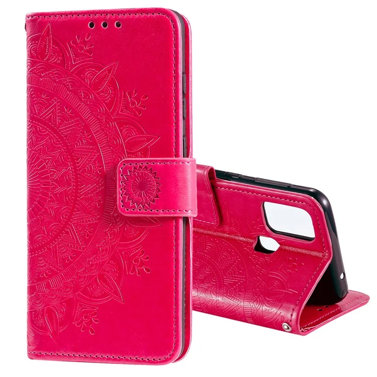 Portefeuille en Cuir de Fleur D'empreinte Collège de Téléphone Cool Pour Samsung Galaxy A21s - Rose