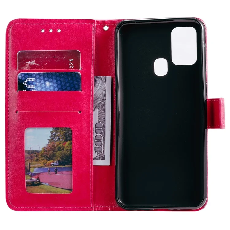 Portefeuille en Cuir de Fleur D'empreinte Collège de Téléphone Cool Pour Samsung Galaxy A21s - Rose