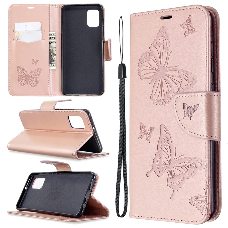 Imprint Butterfly Leather Wallet Phone Case for Samsung Galaxy A31 - Rose Gold