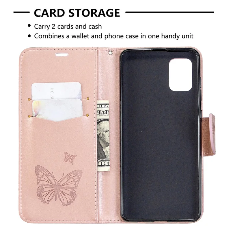 Imprint Butterfly Leather Wallet Phone Case for Samsung Galaxy A31 - Rose Gold