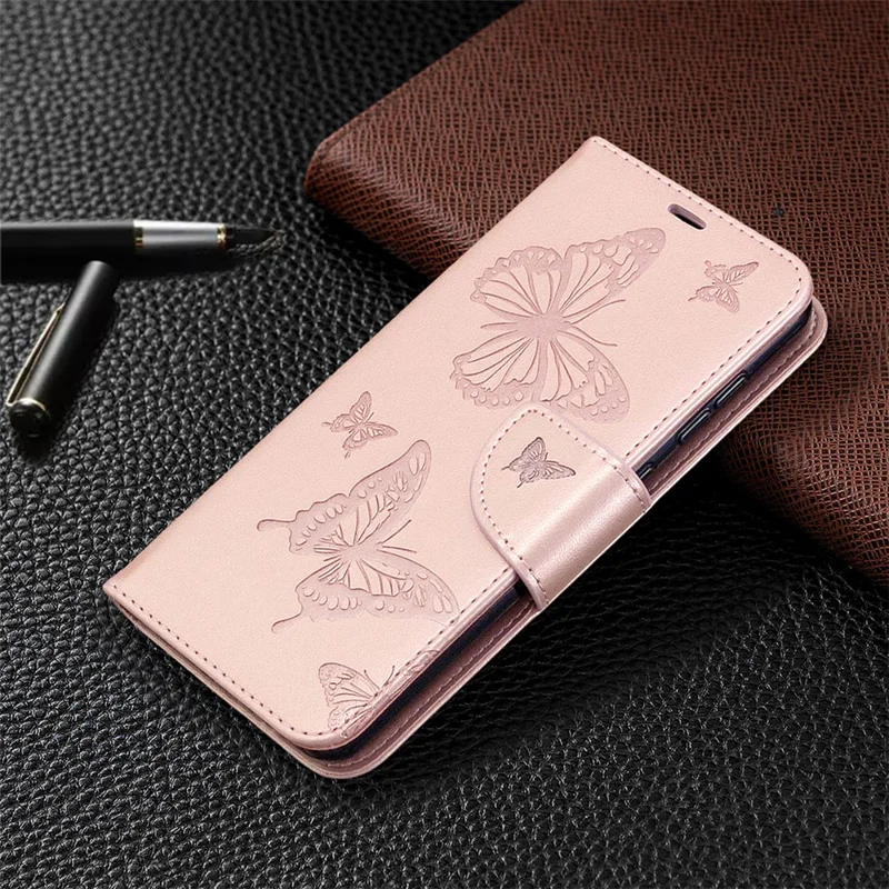 Imprint Butterfly Leather Wallet Phone Case for Samsung Galaxy A31 - Rose Gold