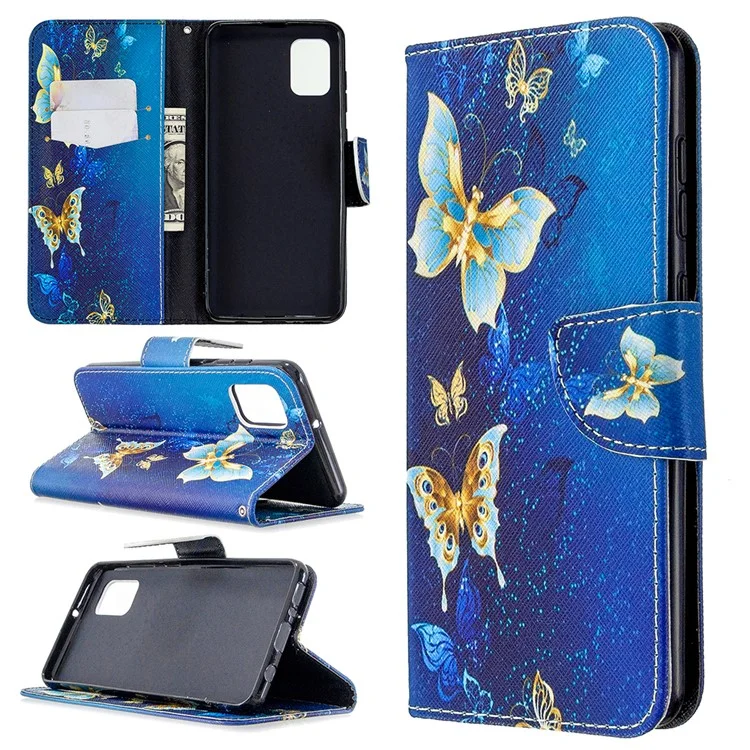 Pattern Printing Wallet Stand Flip Leather Phone Shell for Samsung	Galaxy A31 - Metal Butterflies