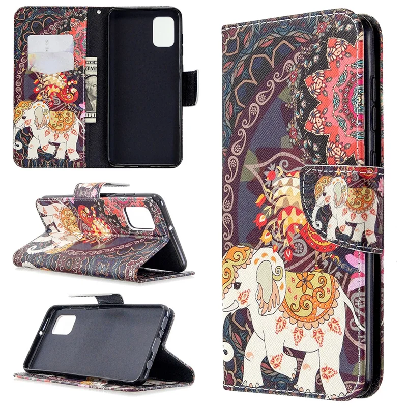 Pattern Printing Wallet Stand Flip Leather Phone Shell for Samsung	Galaxy A31 - Malanda and Elephant