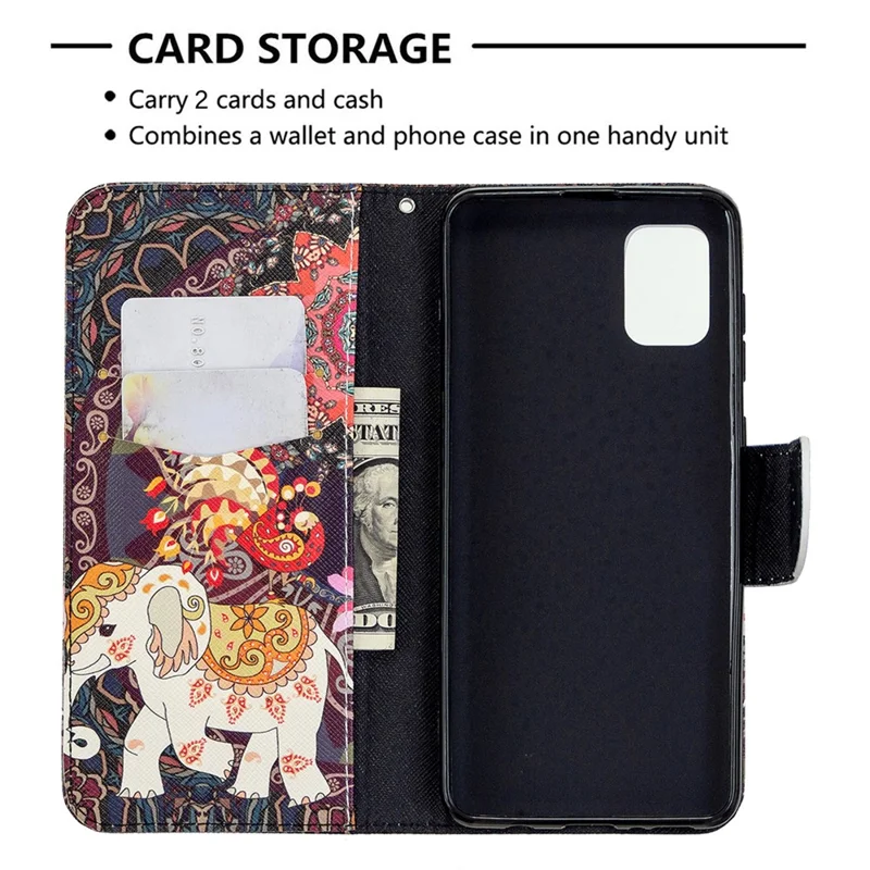 Pattern Printing Wallet Stand Flip Leather Phone Shell for Samsung	Galaxy A31 - Malanda and Elephant