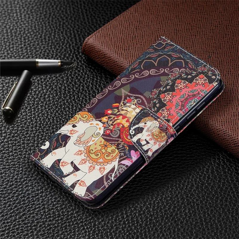 Pattern Printing Wallet Stand Flip Leather Phone Shell for Samsung	Galaxy A31 - Malanda and Elephant