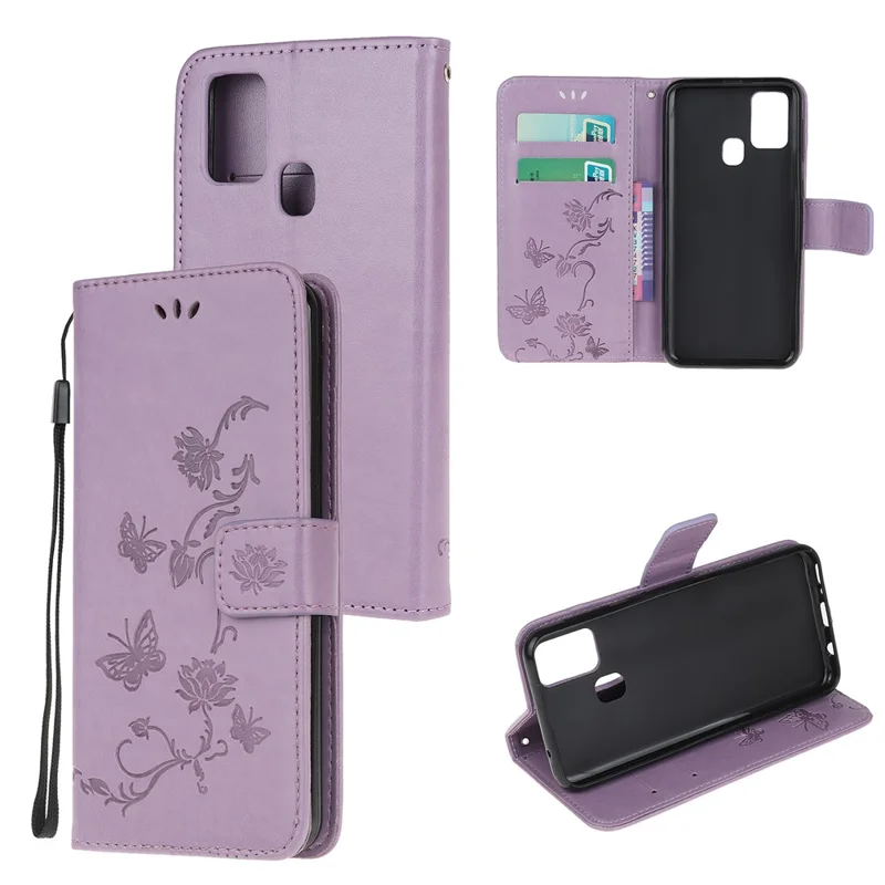 Imprint Butterfly Flower Wallet Leather Cell Phone Case for Samsung Galaxy M21/M30s - Light Purple
