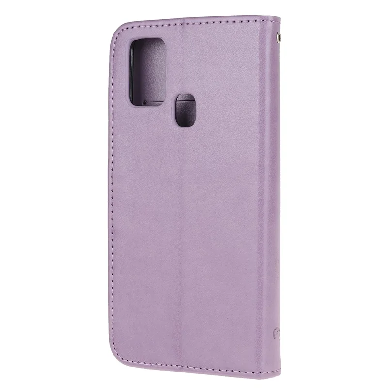 Imprint Butterfly Flower Wallet Leather Cell Phone Case for Samsung Galaxy M21/M30s - Light Purple