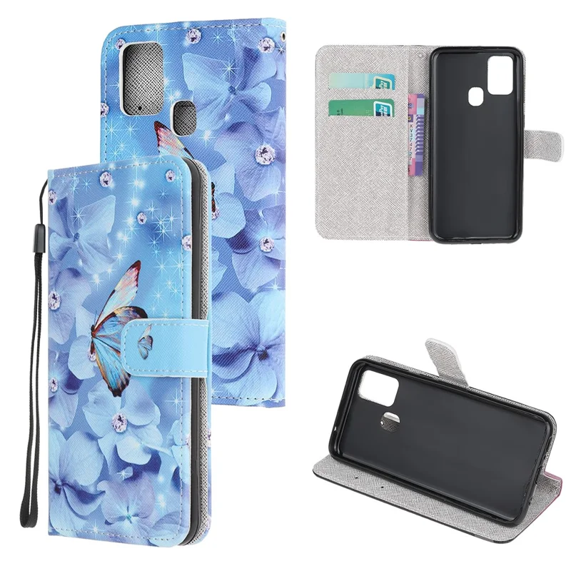 Pattern Printing Cross Texture Leather Mobile Cover for Samsung Galaxy M21 / M30s - Butterfly and Flowers