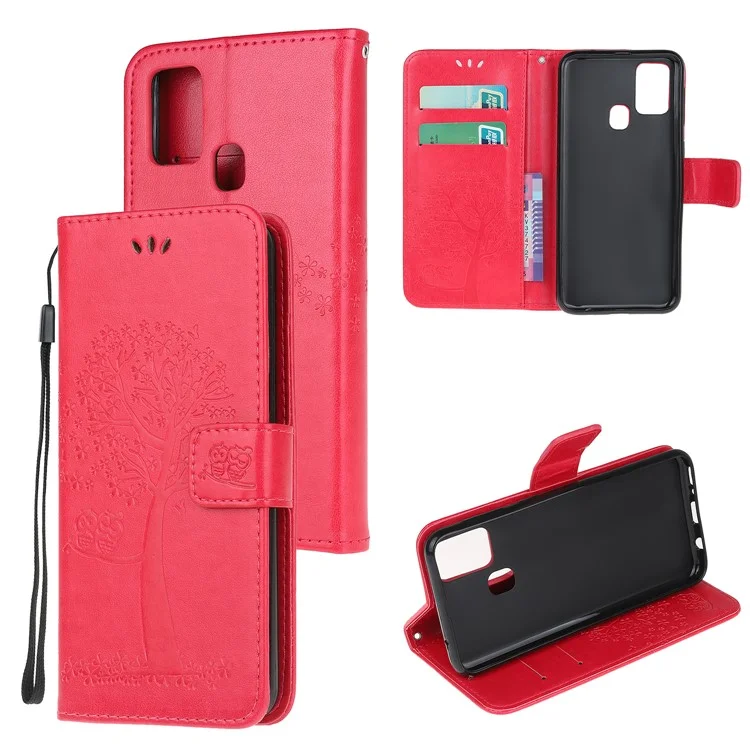 Impronta Búho Búho Cuero Elegante Stand de Billetera Para Samsung Galaxy M21/m30s - Rojo