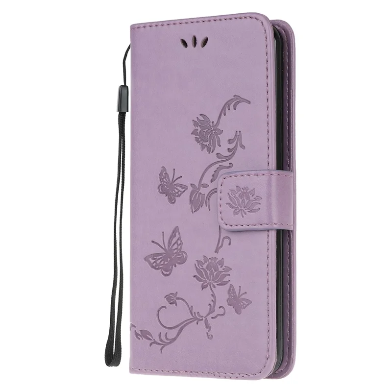 Imprint Butterfly Flower PU Leather Case with Strap for Samsung Galaxy A21s - Light Purple