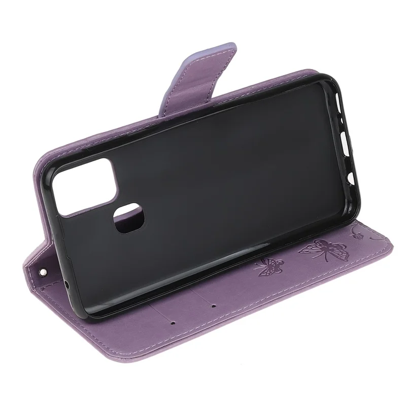 Imprint Butterfly Flower PU Leather Case with Strap for Samsung Galaxy A21s - Light Purple