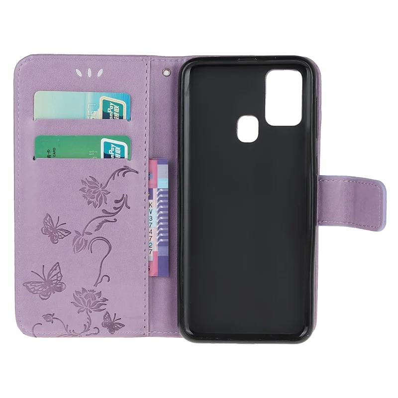 Imprint Butterfly Flower PU Leather Case with Strap for Samsung Galaxy A21s - Light Purple