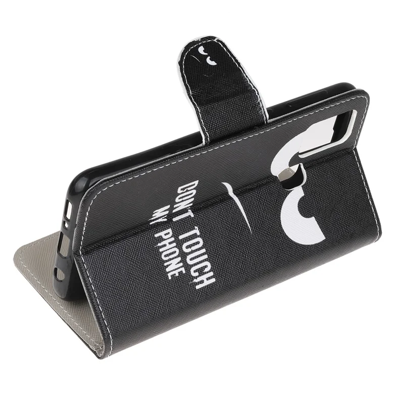 Cross Texture Pattern Printing Leather Wallet Phone Cover with Strap for Samsung Galaxy A21s - Don't Touch My Phone