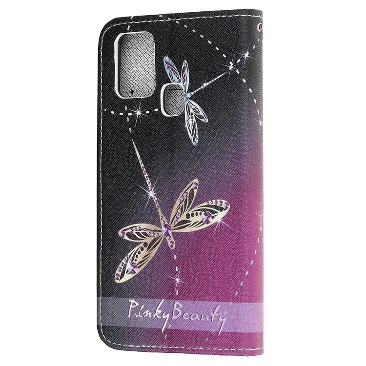 Cross Texture Pattern Printing Wallet Leather Phone Casing for Samsung Galaxy A21s - Dragonfly