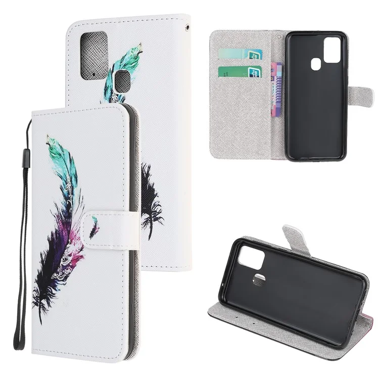 Cross Texture Pattern Printing Wallet Leather Phone Casing for Samsung Galaxy A21s - Feather