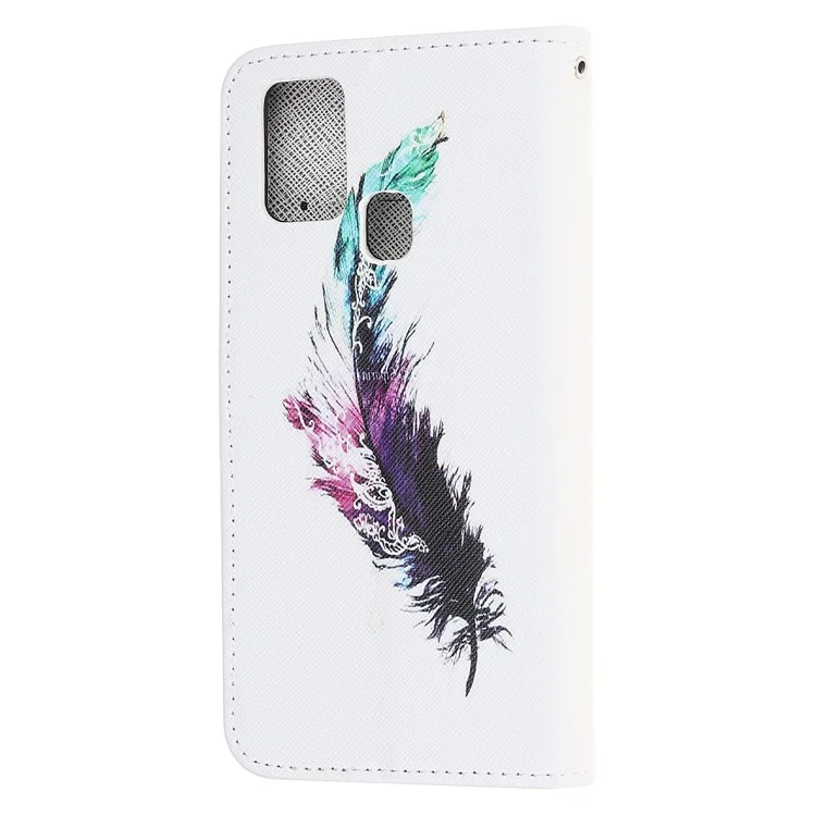 Cross Texture Pattern Printing Wallet Leather Phone Casing for Samsung Galaxy A21s - Feather