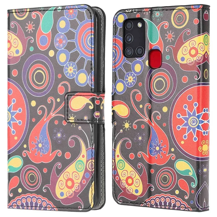 Padrão Caixa de Suporte de Couro Para Impressão de Couro Para Samsung Galaxy A21s Anti-arranhão Telefone de Superfície do Telefone - Paisley Flor