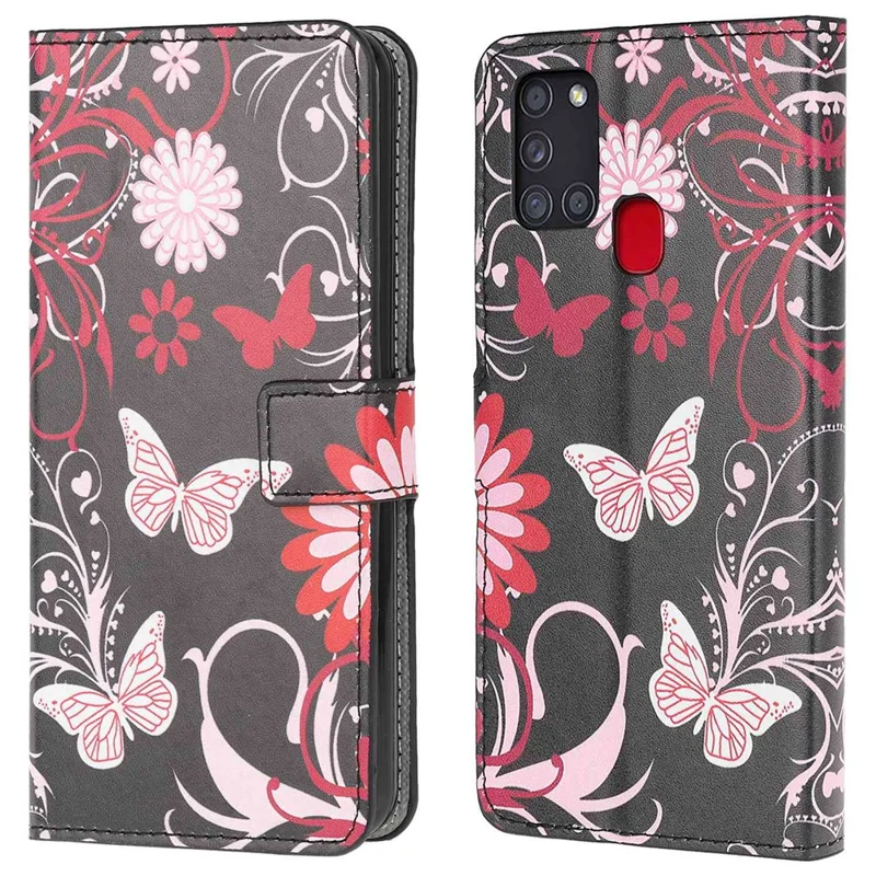 Pattern Printing Leather Wallet Stand Case for Samsung Galaxy A21s Anti-Scratch Surface Phone Shell - Butterfly Flower