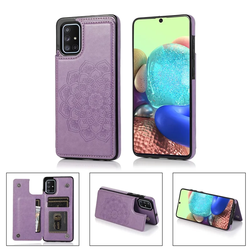 Imprint Mandala Flower PU Leather + TPU Hybrid Kickstand Mobile Phone Casing for Samsung Galaxy A51 SM-A515 - Purple