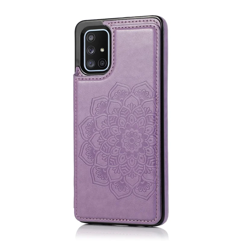 Imprint Mandala Flower PU Leather + TPU Hybrid Kickstand Mobile Phone Casing for Samsung Galaxy A51 SM-A515 - Purple