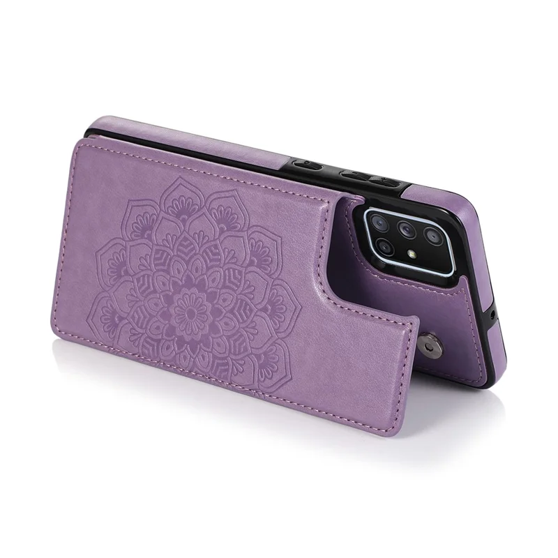 Imprint Mandala Flower PU Leather + TPU Hybrid Kickstand Mobile Phone Casing for Samsung Galaxy A51 SM-A515 - Purple