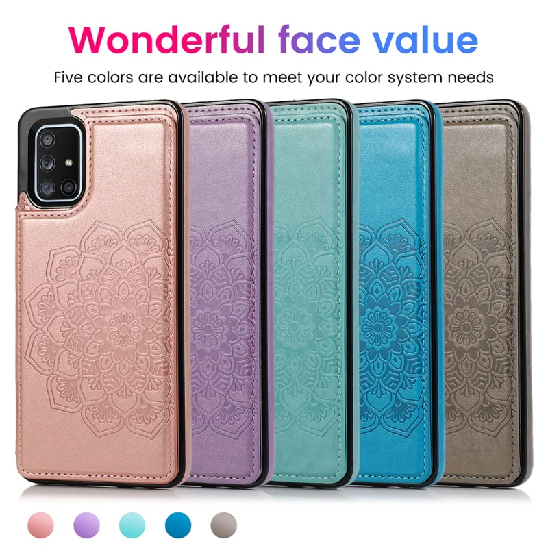 Imprint Mandala Flower PU Leather + TPU Hybrid Kickstand Mobile Phone Casing for Samsung Galaxy A51 SM-A515 - Purple