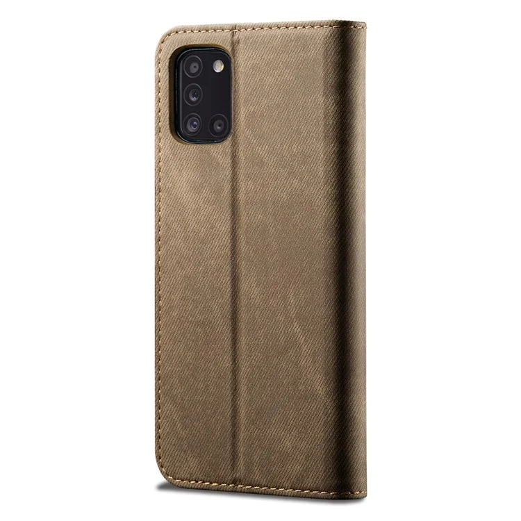 Jeans Cloth Leather Wallet Cell Phone Cover for Samsung Galaxy A31 - Khaki