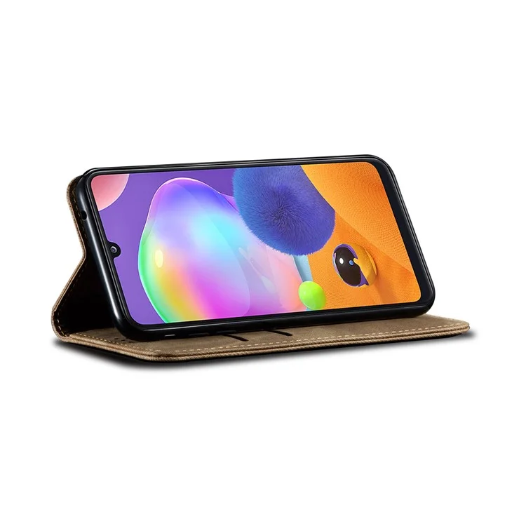 Jeans en Cuir en Cuir en Cuir Couverture de Téléphone Portable Pour Samsung Galaxy A31 - Kaki