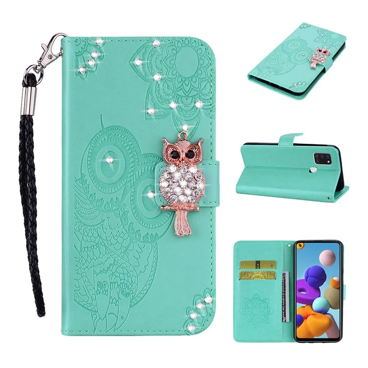 For Samsung Galaxy A21s PU Leather Flip Wallet Case Owl Imprint Rhinestone Decor Stand Cover with Strap - Green