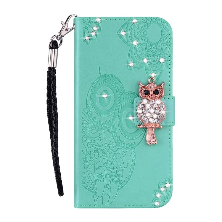 For Samsung Galaxy A21s PU Leather Flip Wallet Case Owl Imprint Rhinestone Decor Stand Cover with Strap - Green