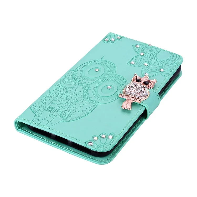 For Samsung Galaxy A21s PU Leather Flip Wallet Case Owl Imprint Rhinestone Decor Stand Cover with Strap - Green