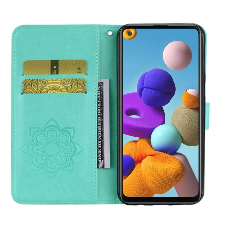 Imprint Owl Flower Pattern Leather Wallet Shell for Samsung Galaxy A21s - Cyan