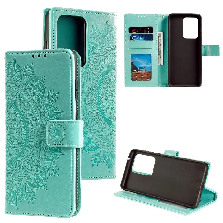 Imprint Flower Leather Wallet Case für Samsung Galaxy Note20 Ultra/Note20 Ultra 5G - Cyan