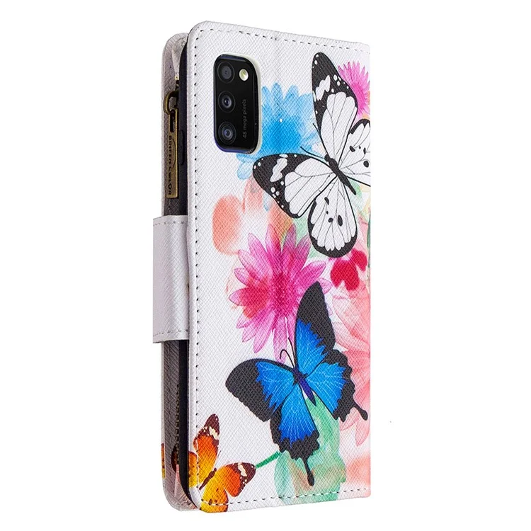 Pattern Printing Zipper Pocket 9 Card Slots Leather Wallet Case for Samsung Galaxy A41 (Global Version) - Three Butterflies