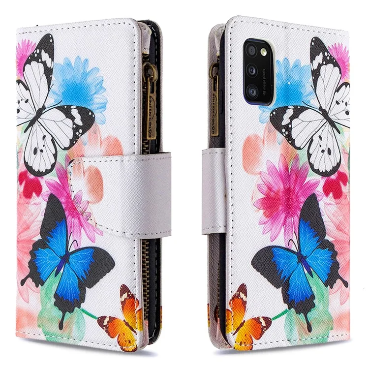 Muster-Bedruckte Reißverschlusstaschen-Ledertasche mit 9 Kartenschlitzen für Samsung Galaxy A41 (Globale Version) - Drei Schmetterlinge