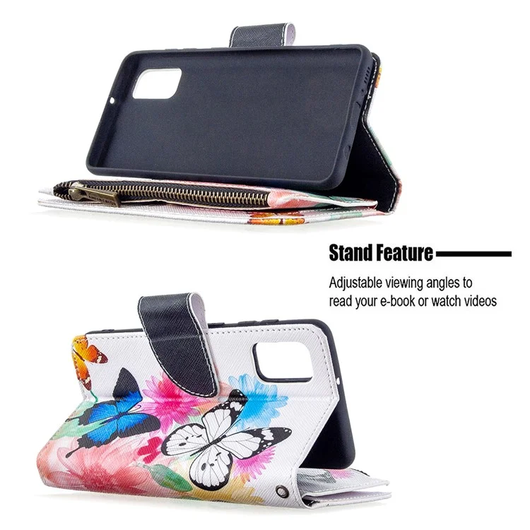 Muster-Bedruckte Reißverschlusstaschen-Ledertasche mit 9 Kartenschlitzen für Samsung Galaxy A41 (Globale Version) - Drei Schmetterlinge
