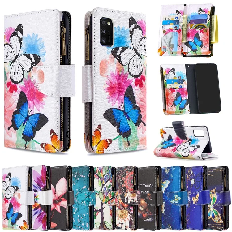 Muster-Bedruckte Reißverschlusstaschen-Ledertasche mit 9 Kartenschlitzen für Samsung Galaxy A41 (Globale Version) - Drei Schmetterlinge