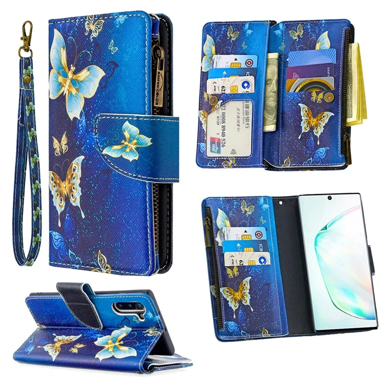 Gemusterter Reißverschluss-Geldbeutel Lederhülle für Samsung Galaxy Note 10/Note 10 5G - Cyan Butterfly
