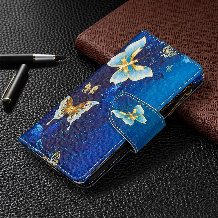 Gemusterter Reißverschluss-Geldbeutel Lederhülle für Samsung Galaxy Note 10/Note 10 5G - Cyan Butterfly