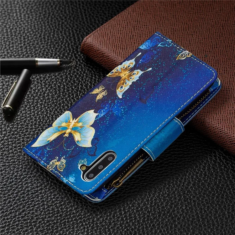 Gemusterter Reißverschluss-Geldbeutel Lederhülle für Samsung Galaxy Note 10/Note 10 5G - Cyan Butterfly