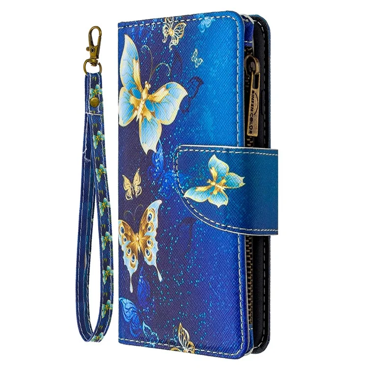 Gemusterter Reißverschluss-Geldbeutel Lederhülle für Samsung Galaxy Note 10/Note 10 5G - Cyan Butterfly