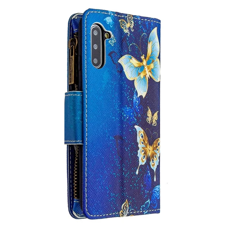 Gemusterter Reißverschluss-Geldbeutel Lederhülle für Samsung Galaxy Note 10/Note 10 5G - Cyan Butterfly