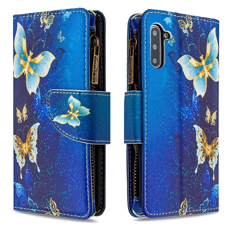 Gemusterter Reißverschluss-Geldbeutel Lederhülle für Samsung Galaxy Note 10/Note 10 5G - Cyan Butterfly