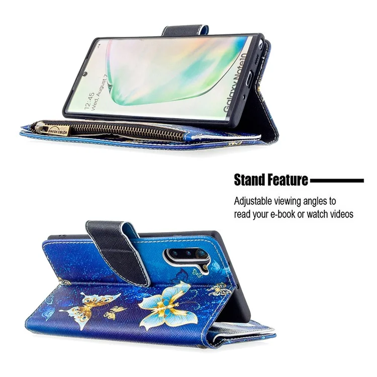 Gemusterter Reißverschluss-Geldbeutel Lederhülle für Samsung Galaxy Note 10/Note 10 5G - Cyan Butterfly