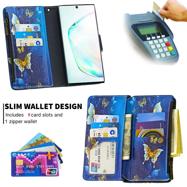 Gemusterter Reißverschluss-Geldbeutel Lederhülle für Samsung Galaxy Note 10/Note 10 5G - Cyan Butterfly