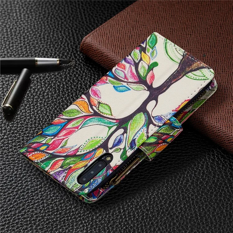 Portafoglio con Cerniera Decorato con 9 Slot per Schede in Pelle Stile Elegante per Samsung Galaxy A30s/A50/A50s - Albero Colorato