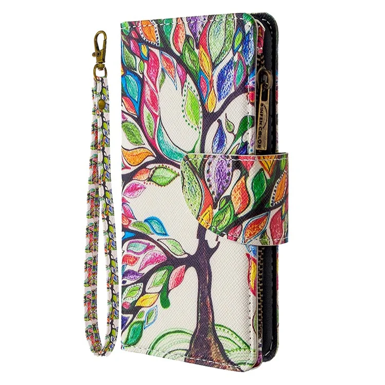 Portafoglio con Cerniera Decorato con 9 Slot per Schede in Pelle Stile Elegante per Samsung Galaxy A30s/A50/A50s - Albero Colorato