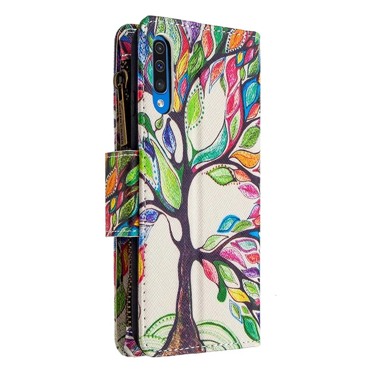 Portafoglio con Cerniera Decorato con 9 Slot per Schede in Pelle Stile Elegante per Samsung Galaxy A30s/A50/A50s - Albero Colorato