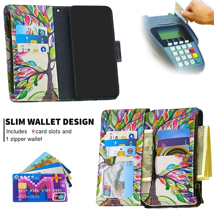 Portafoglio con Cerniera Decorato con 9 Slot per Schede in Pelle Stile Elegante per Samsung Galaxy A30s/A50/A50s - Albero Colorato