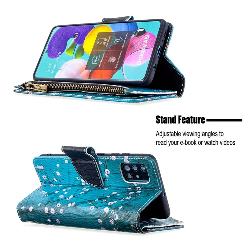 BF03 Mønstertrykt lærtelefoncase med lynlåsewallet til Samsung Galaxy A51 SM-A515 - Træ med blomst